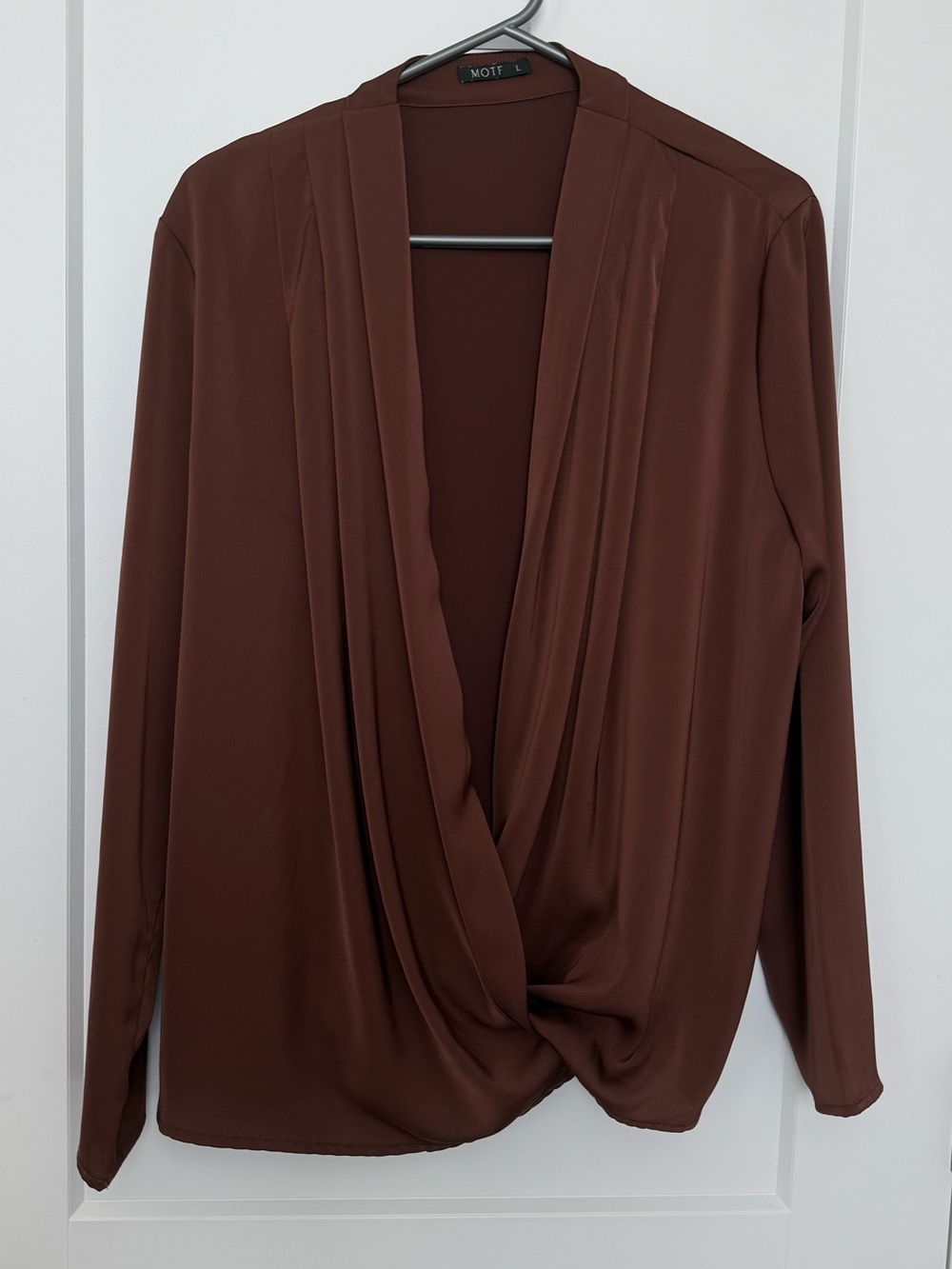 Satin Brown Draped Twist Front Blouse Size L Long Sleeve